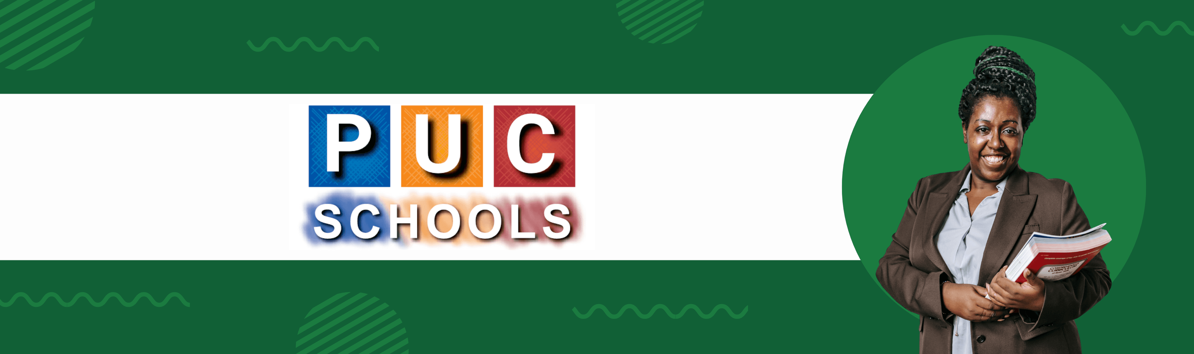 Smiling educator holding books next to PUC Schools logo on a green background.