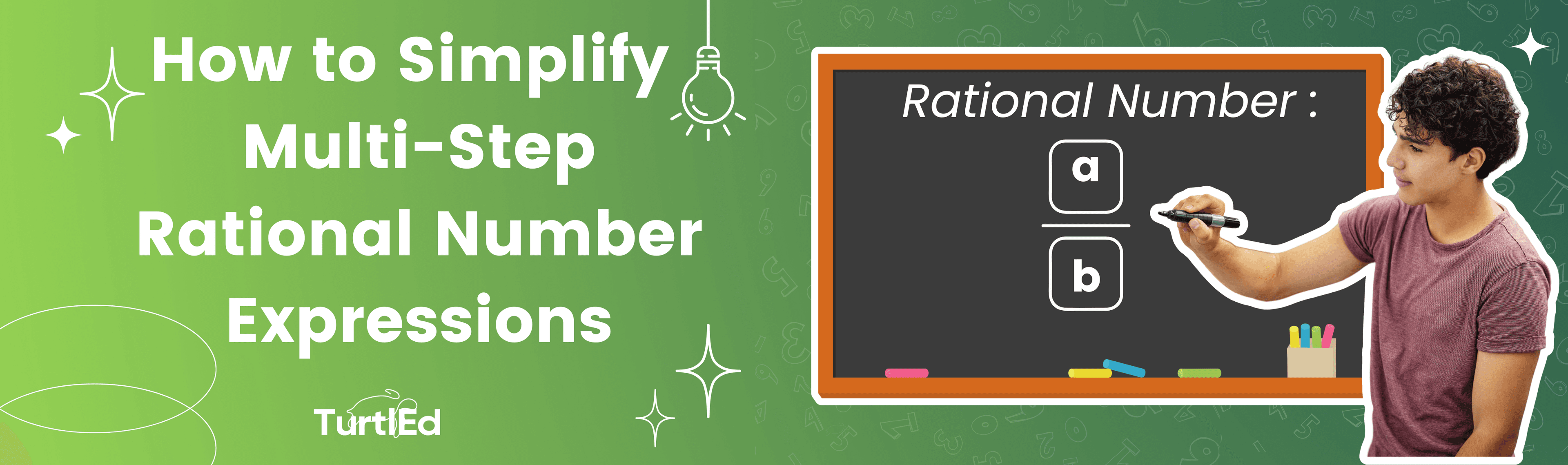 Boy next to the chalkboard with the "Rational Number" formula