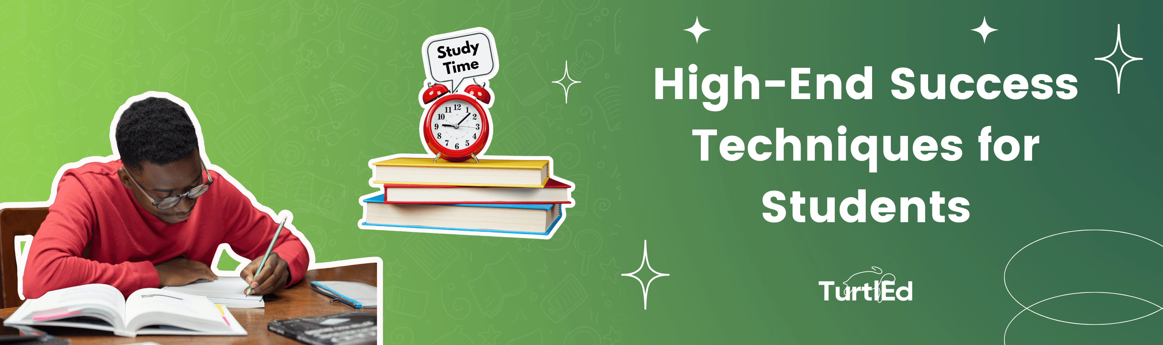 Boy studying with books and study time reminder