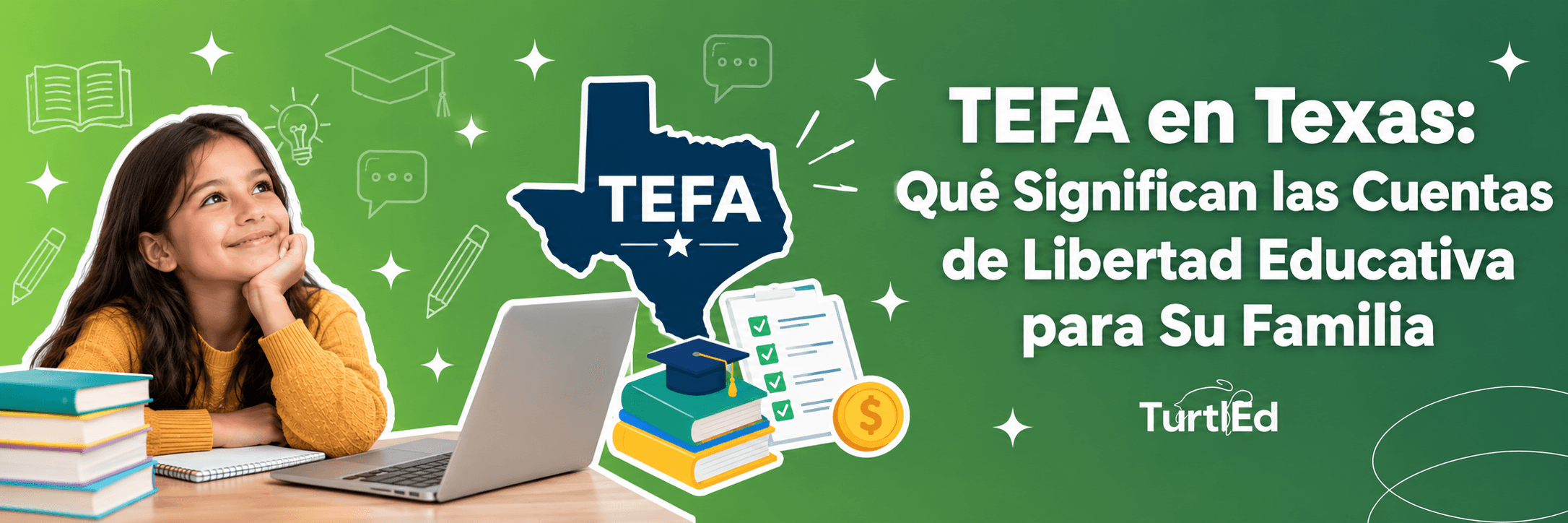 Girl with book and computer doing online learning next to a Texas map with TEFA written on it