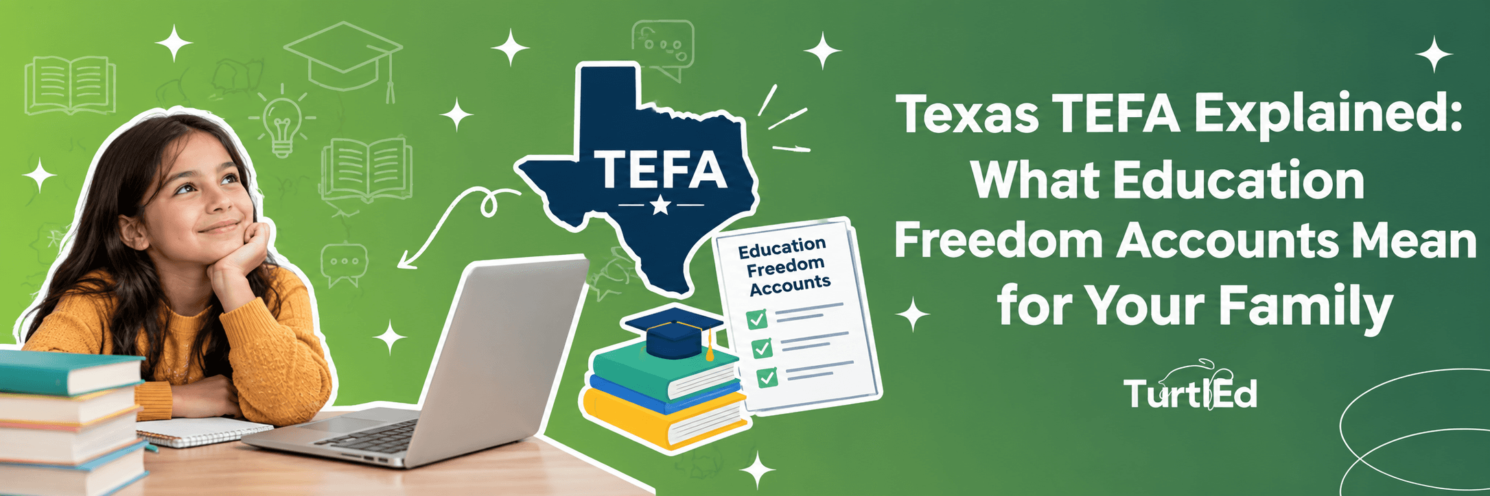 Girl with book and computer doing online learning with Texas flag and EFA information