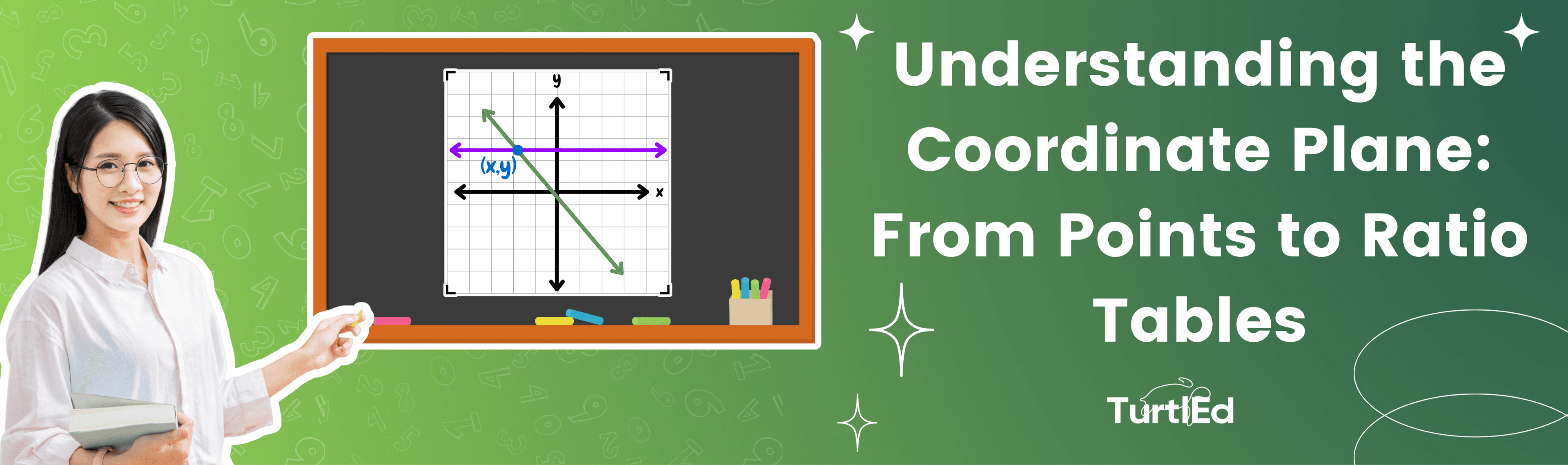 Girl with books next to chalk board showing math coordinate plane