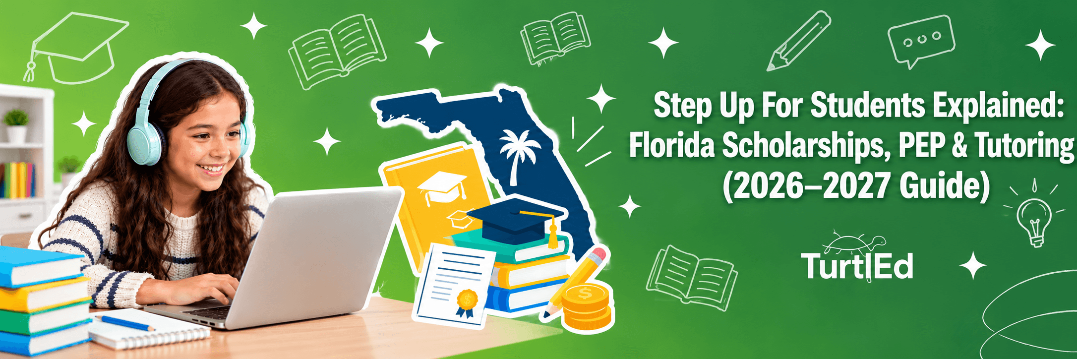 Girl with book and computer doing online learning with Florida map and educational guide displayed